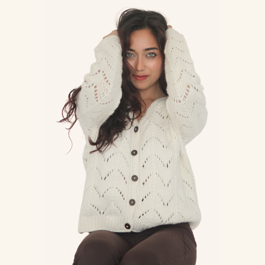 Kaze Woolen Cardigan – Light, Breezy Elegance in Handknitted Wool - Mojopanda Organic Store