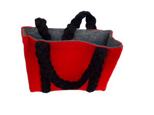 Red & Black - Hand knitted Blended wool Bag -Felt lining Inside - Mojopanda Organic Store