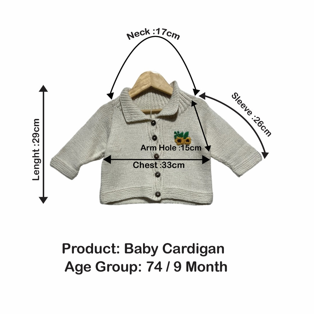 Baby Cardigan with sunflower embroidery | 100% Pure Wool| 74 - 9 months - Mojopanda Organic Store