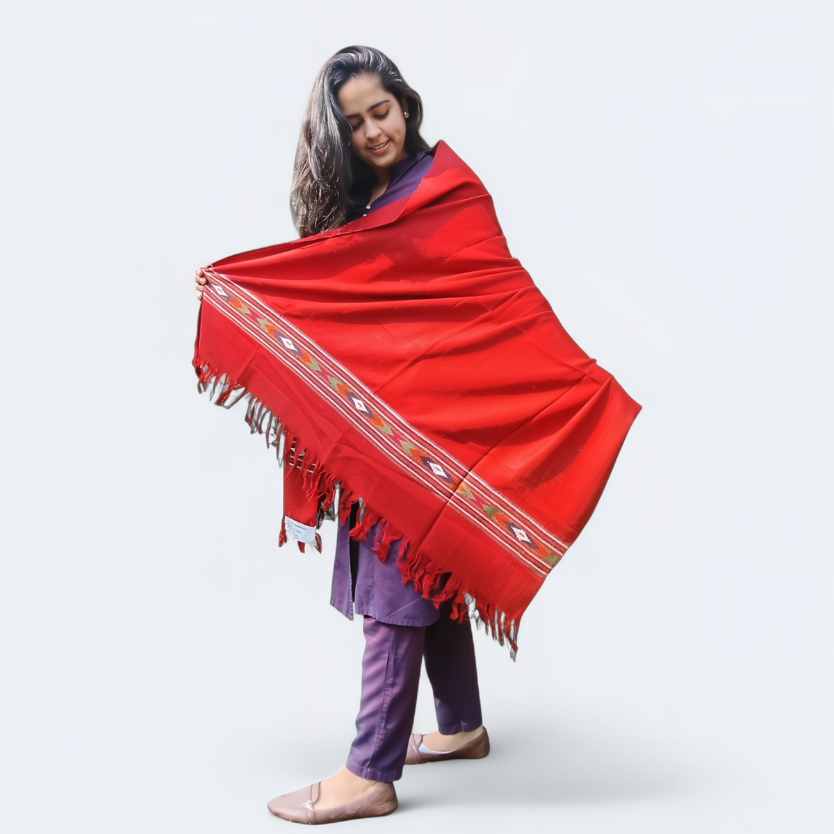 Red Woolen Shawl | Traditional Design with Fringe | For Women - Mojopanda Organic Store
