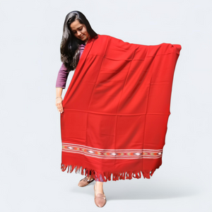 Red Woolen Shawl | Traditional Design with Fringe | For Women - Mojopanda Organic Store
