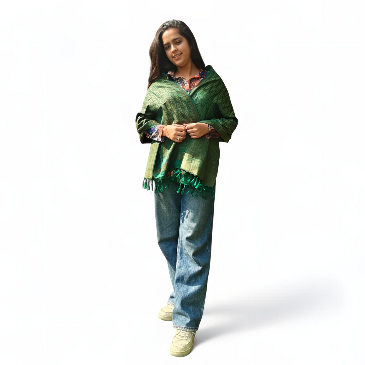 Banana Green Stole | Intricate Paisley Design | For Women - Mojopanda Organic Store
