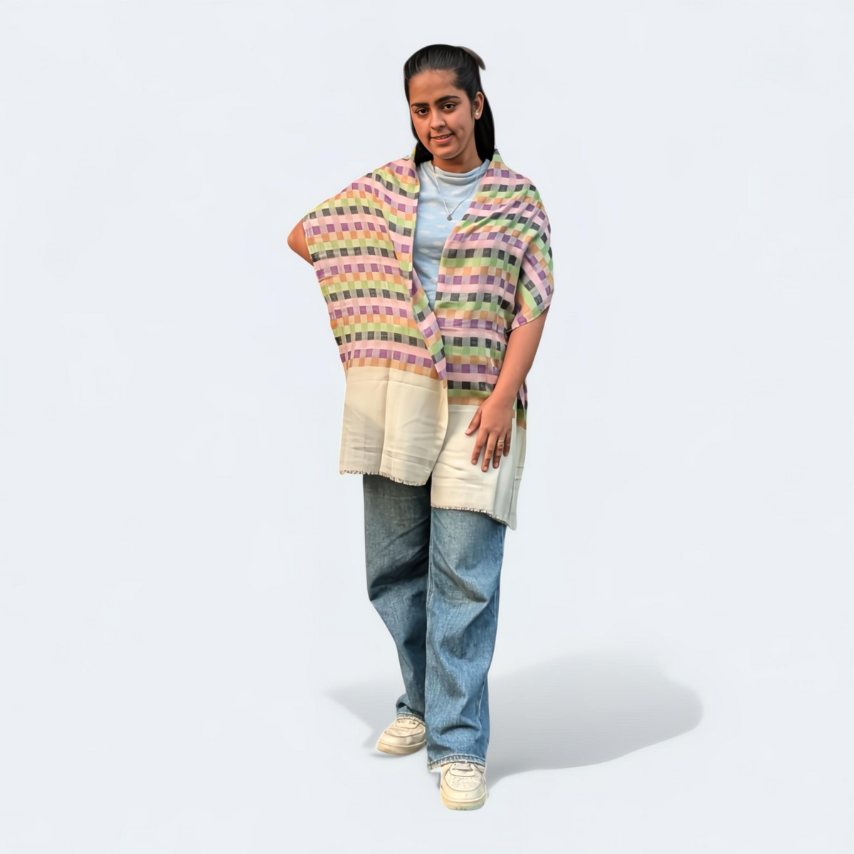 Check Multicolor Wool Silk Blended Stole | Vibrant Plaid Design | For Women - Mojopanda Organic Store