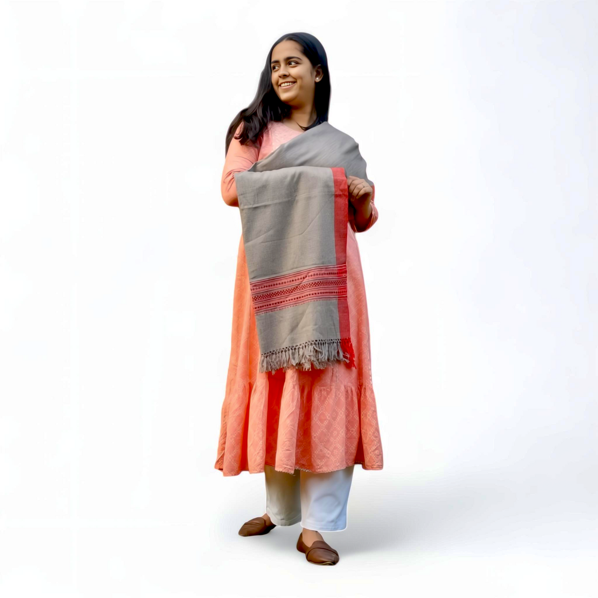 Grey & Multicolor Woolen Stole – Handcrafted Pattern with Fringe Edges - Mojopanda Organic Store