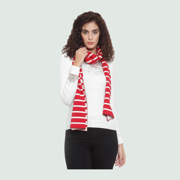 Bright Red Striped Scarf/Muffler - Front View