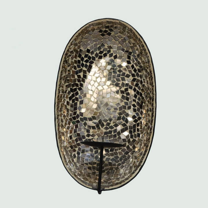 Wall T light Holder Oval Shape with Golden Glass Mosaic - Front View