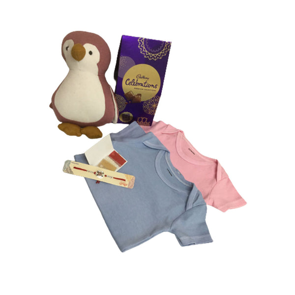 Gift Combo | Penguin Soft toy | Set of 2 Romper | Chocolate