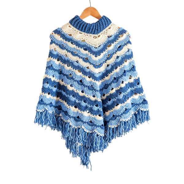 Poncho Round Neck - Crochet  -  Blue & White    |  For Women  |  100% Organic Wool
