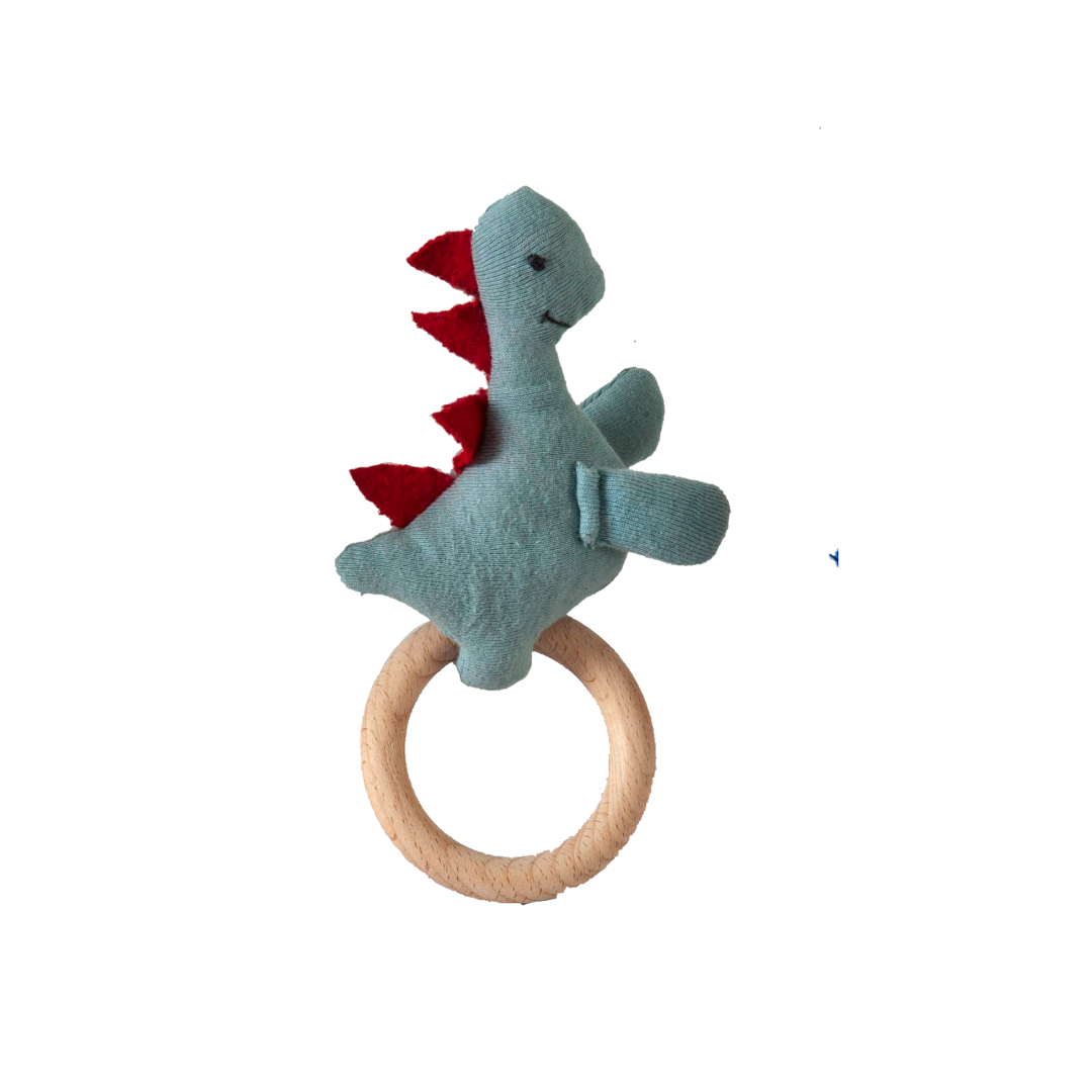 Dino Rattle Knitted Light Green & Red Baby Stuffed/Plush/Soft Toy | 100% Premium Cotton - Mojopanda Organic Store
