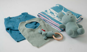 Gift Set of 5 (Blanket, Cardigan, Muslin Bib, Rabbit, Dino Rattle) | 100% Organic Cotton - Mojopanda Organic Store