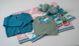 Gift Set of 5 (Blanket, Cardigan, Muslin Bib, Rabbit, Dino Rattle) | 100% Organic Cotton - Mojopanda Organic Store
