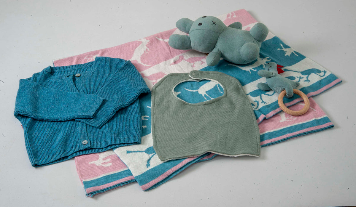Gift Set of 5 (Blanket, Cardigan, Muslin Bib, Rabbit, Dino Rattle) | 100% Organic Cotton - Mojopanda Organic Store