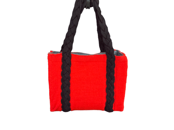 Red & Black - Hand knitted Blended  wool  Bag -Felt  lining Inside