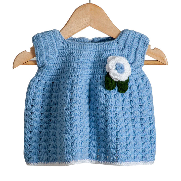 Baby frock | Material : Chrochet | Color : Mid Blue | Size Length - 27 cm Chest - 24 cm