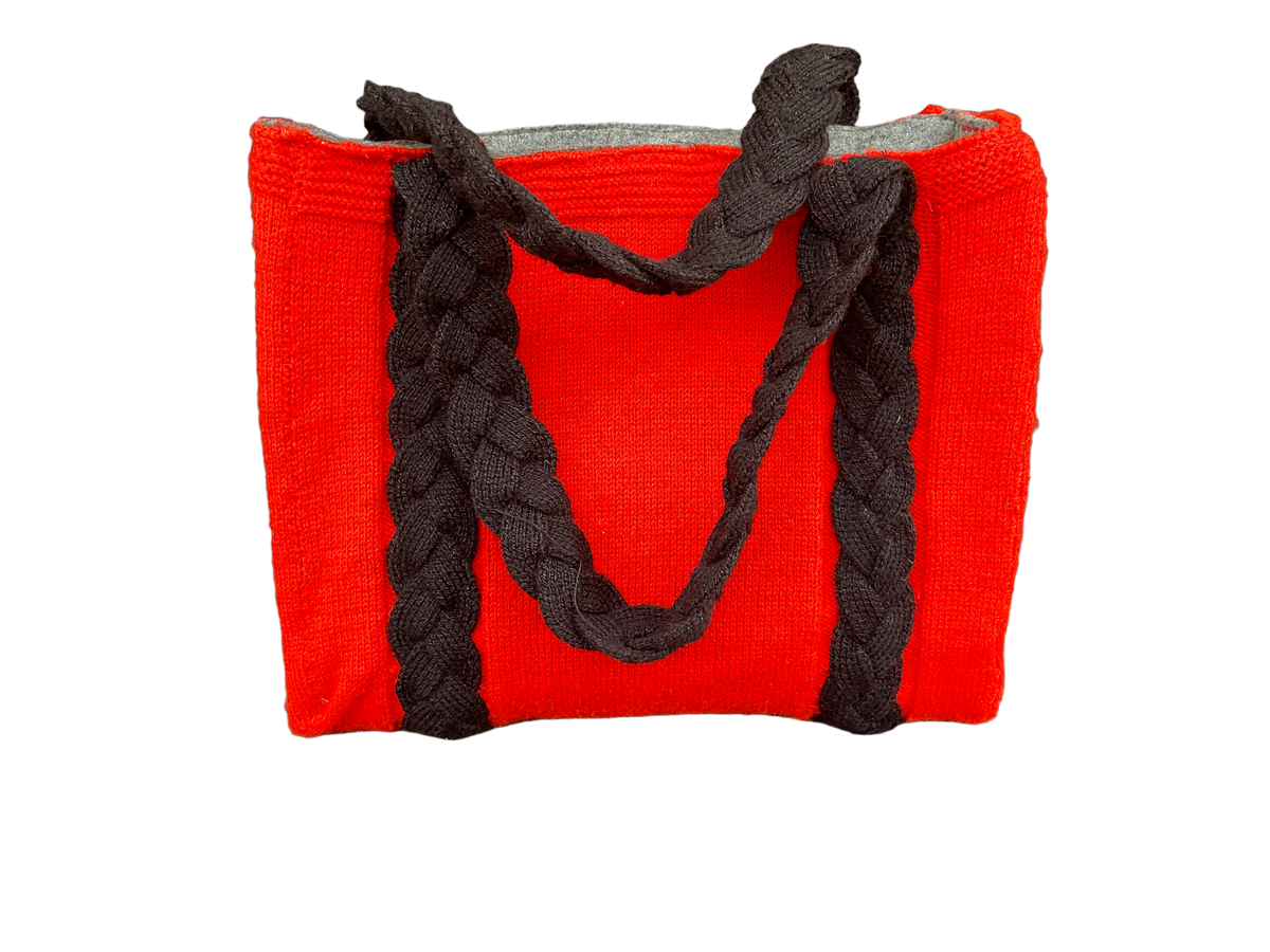 Red & Black - Hand knitted Blended  wool  Bag -Felt  lining Inside - Mojopanda Organic  Store