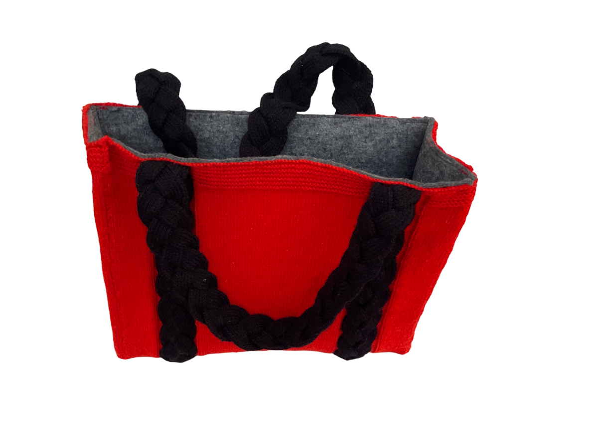 Red & Black - Hand knitted Blended  wool  Bag -Felt  lining Inside - Mojopanda Organic  Store