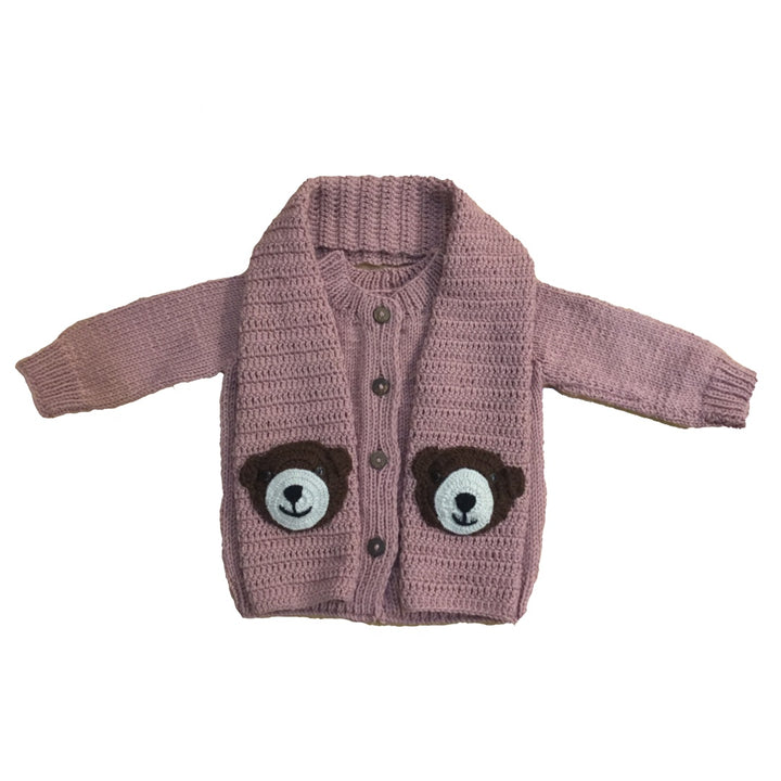 Cardigan with Bear muffler | Hand Knit 100% Wool | Size-2 years