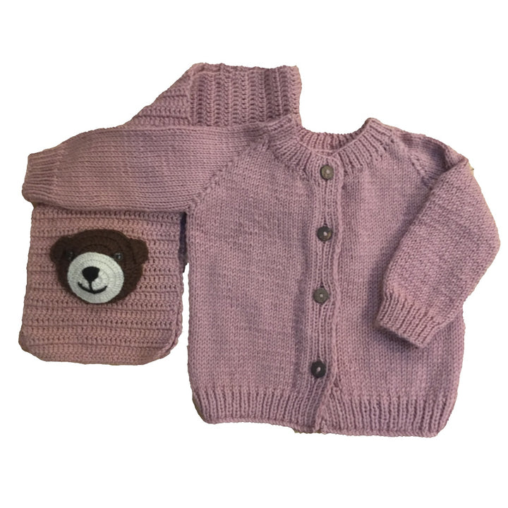 Cardigan with Bear muffler | Hand Knit 100% Wool | Size-2 years