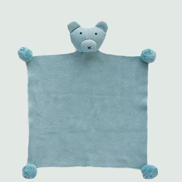 Teddy Bear with pompom Hand Knitted Cuddle Cloth - Full View