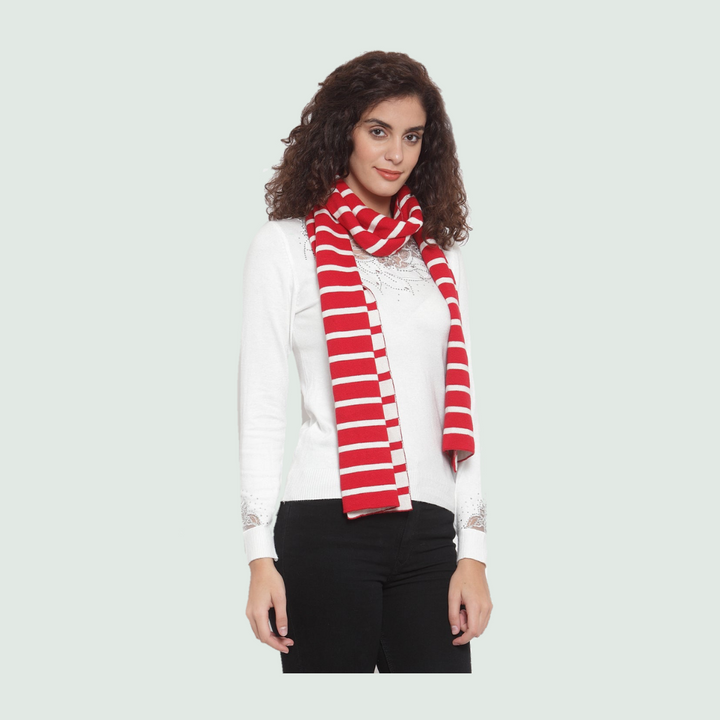 Bright Red Striped Scarf/Muffler - Front View