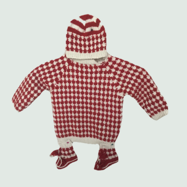 Red-Checker Baby Woollen Set - Front View