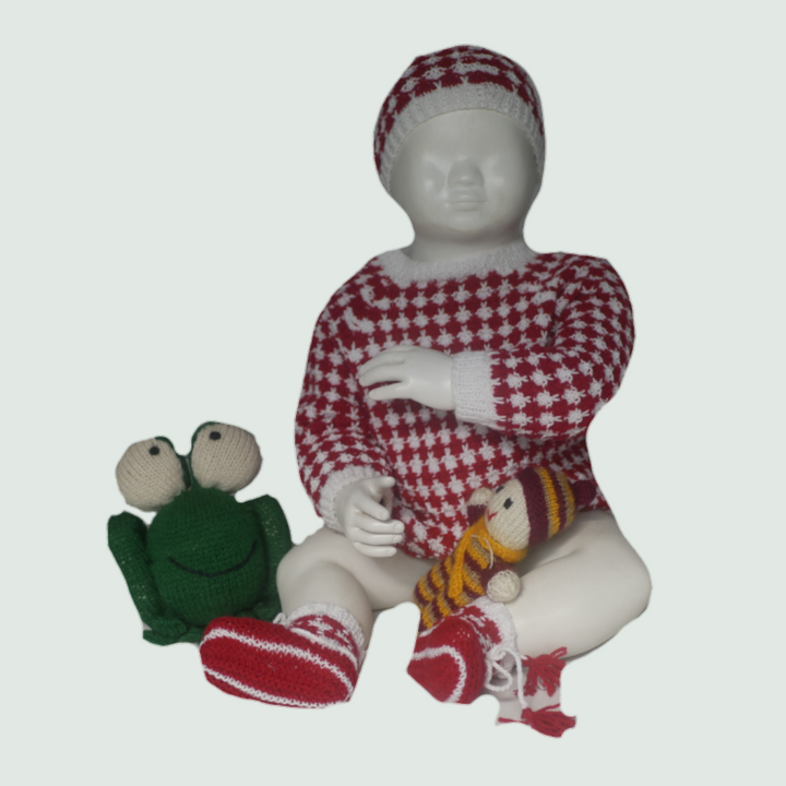 Red-Checker Baby Woollen Set - Front View