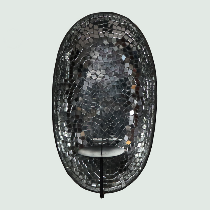 Wall T light Holder Oval Shape with Silver Glass Mosaic - Front View