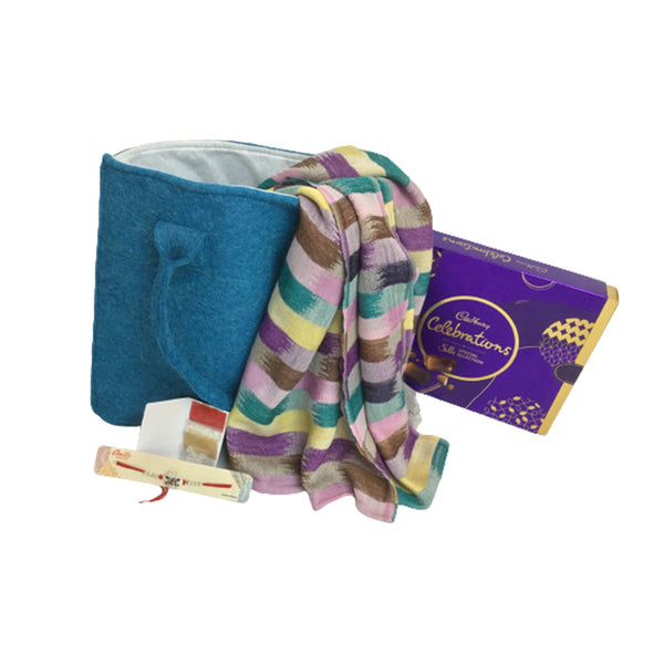 Gift Combo of Rakhi with Roli | Tote bag | fancy multi color stole for ladies | Chocolate Box