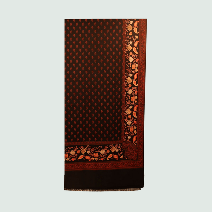 Dark Brown Odhni With Embroidered Floral Motifs | Stoles & Shawls - Front View