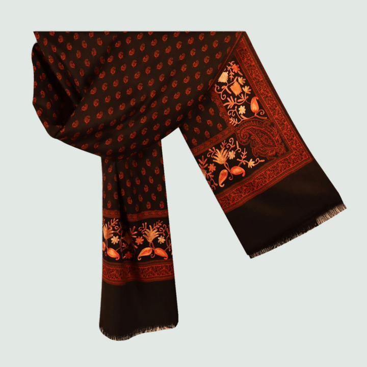 Dark Brown Odhni With Embroidered Floral Motifs | Stoles & Shawls - Front View
