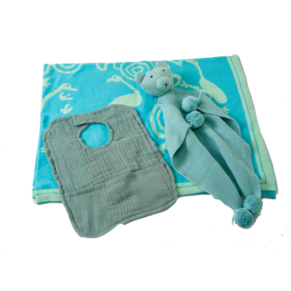 Gift Set of 3 (Blanket with Muslin Bib, Teddy Bear Soft Cuddle) | 100% Organic Cotton